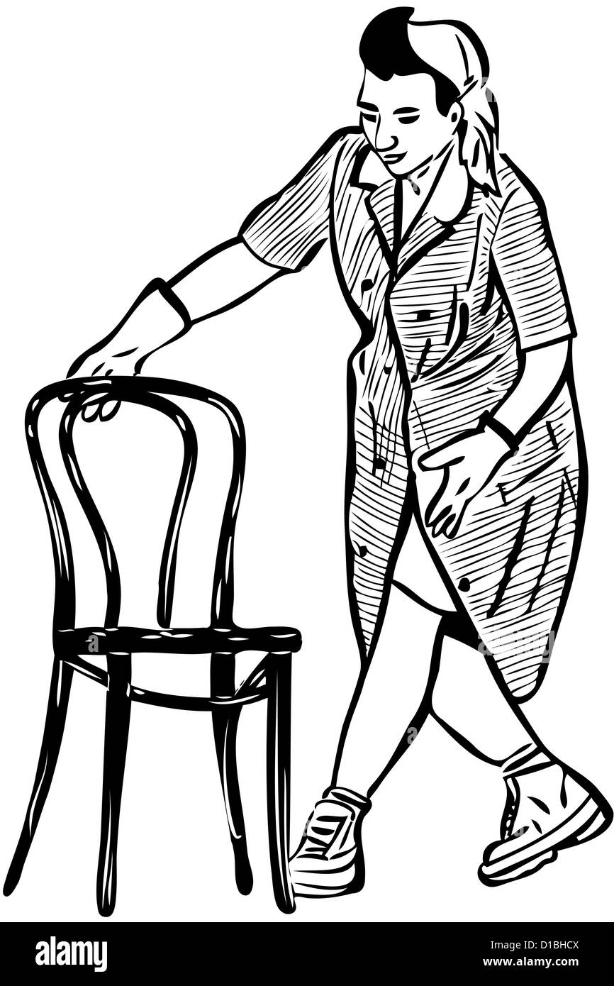 Un boceto limpiador en guantes de goma con una silla Foto de stock