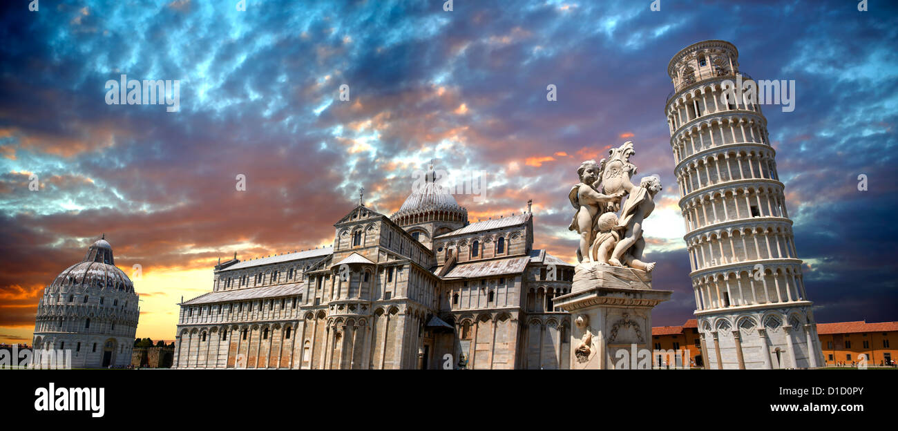 Panorama del Duomo y la Torre Inclinada de Pisa al atardecer, Italia Foto de stock