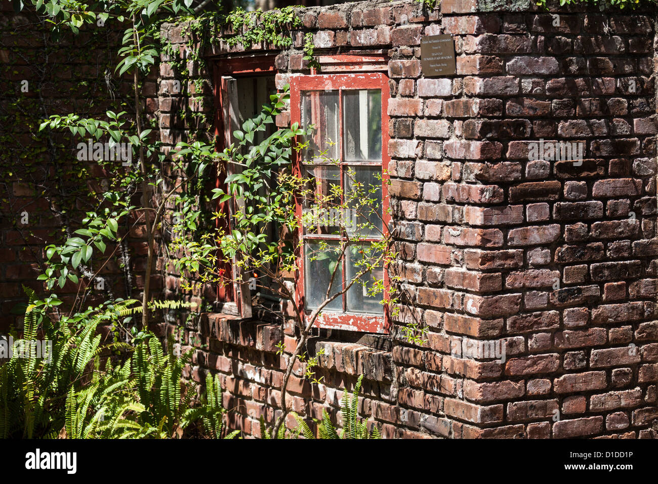 Windows antiguos en el viejo edificio de ladrillo en el distrito histórico de San Agustín, Florida Foto de stock