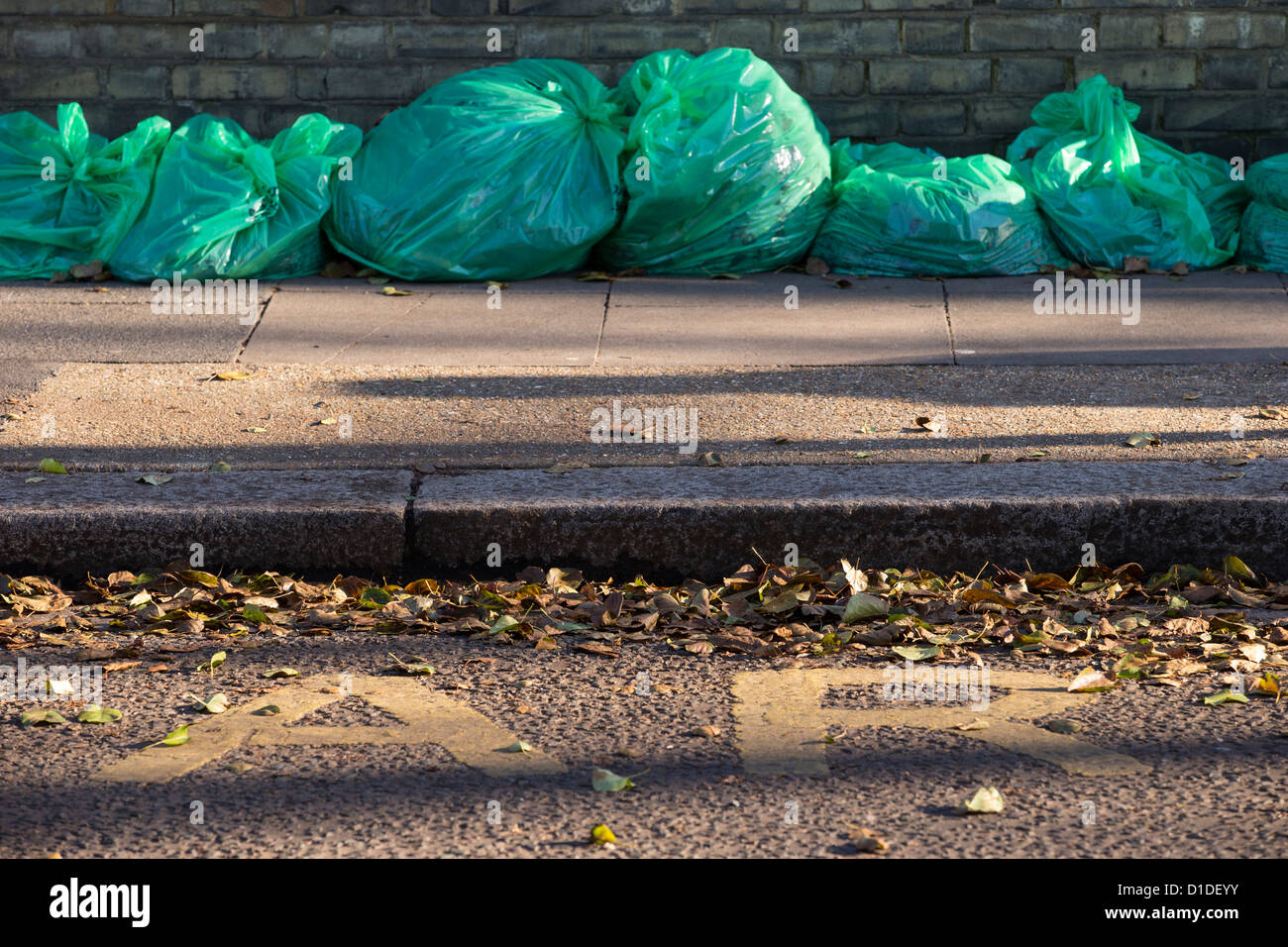 Bolsas de basura verde suministrado por consejo de Hounslow y lleno de hojas de otoño se alinearon listos para su recolección Foto de stock