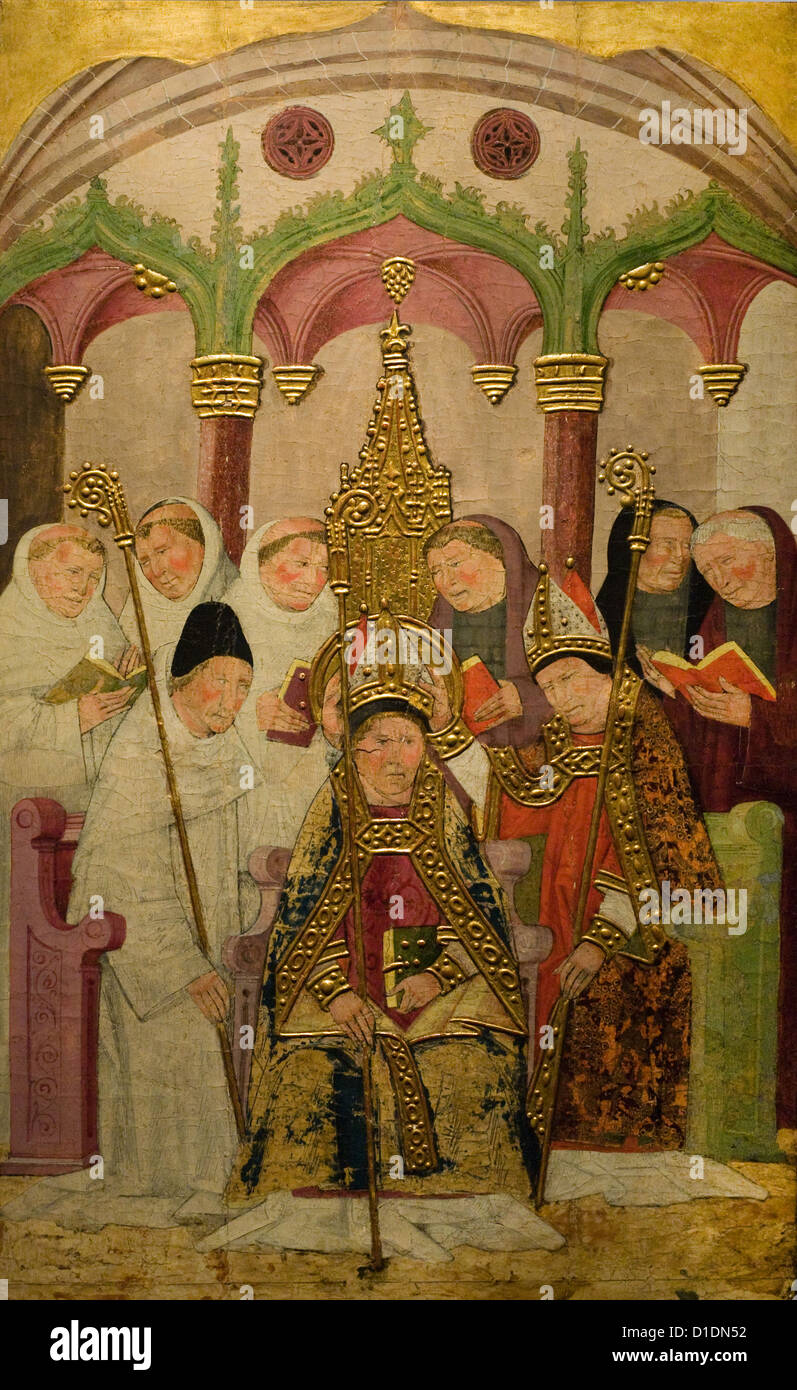 La consagración de un obispo del siglo XV Oleo sobre madera, Foto de stock