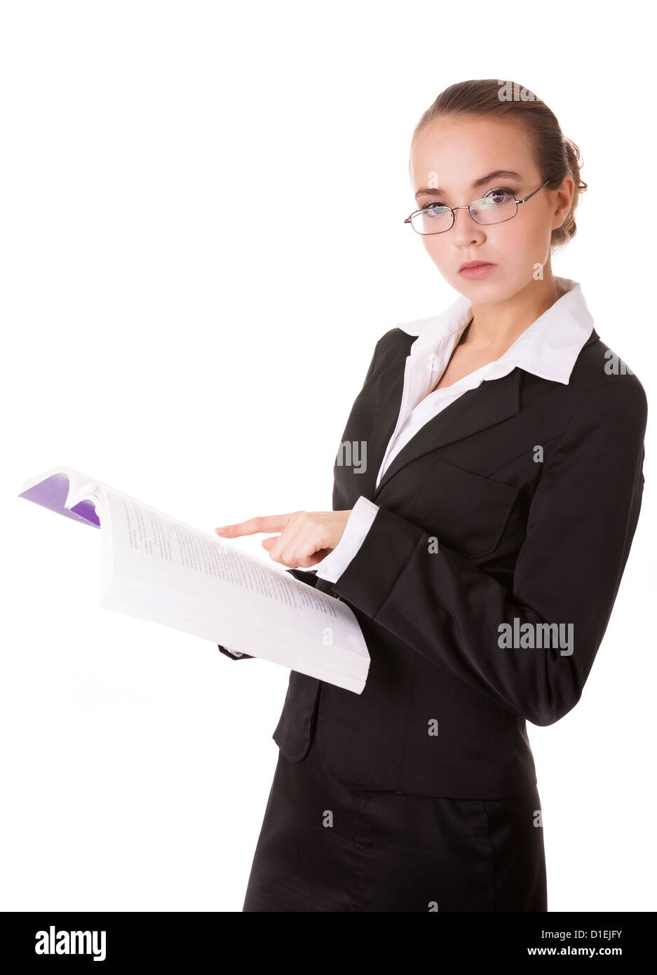 Maestra mujer en traje de negocios con libros aislado sobre fondo blanco  Fotografía de stock - Alamy