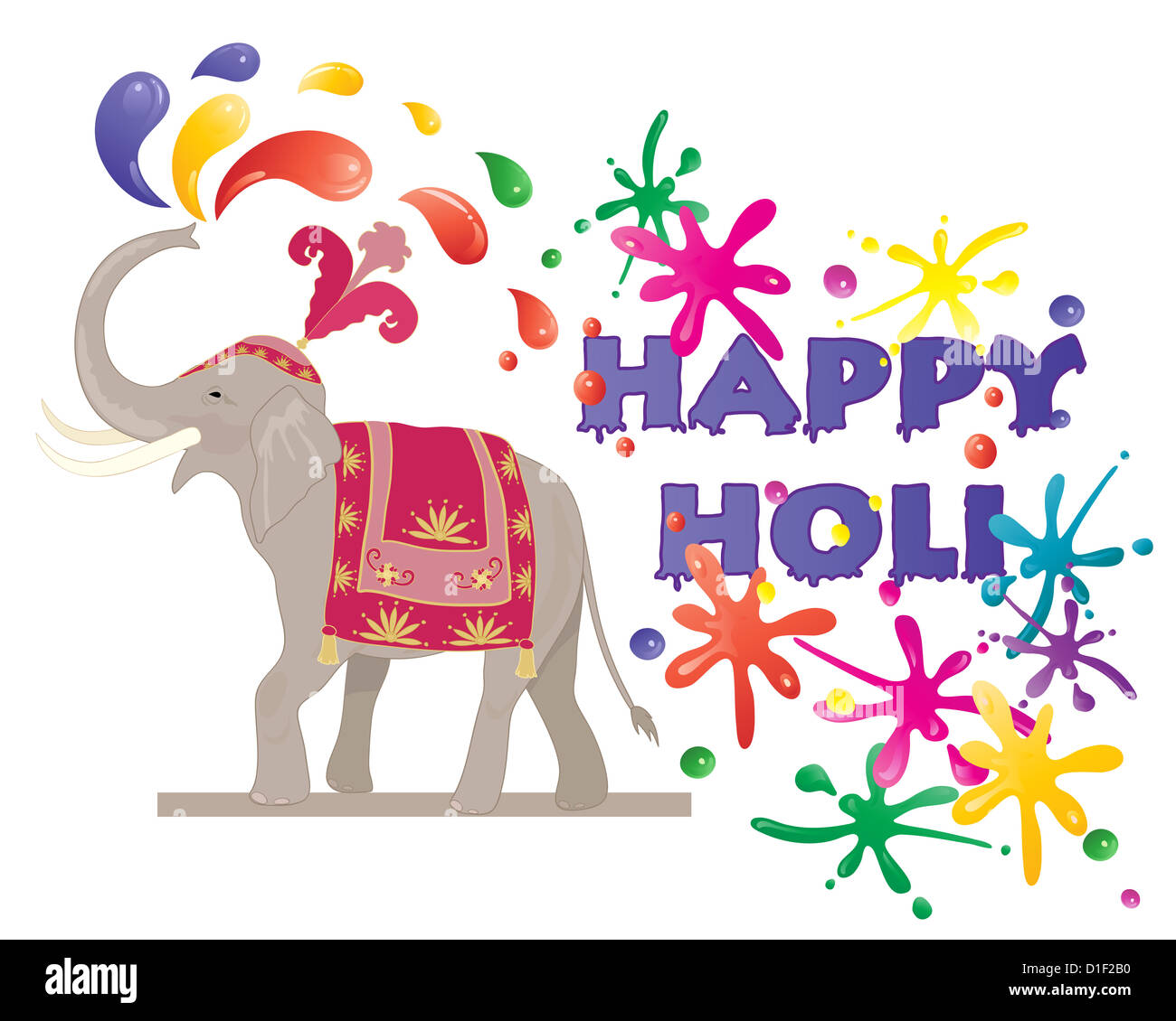 Ilustración de un elefante ceremonial de pulverización de pintura de colores para celebrar el festival hindú de Holi aislado en blanco Foto de stock