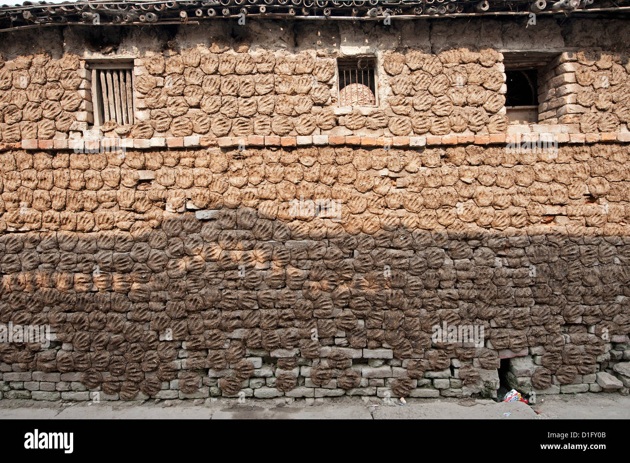 Casa de pueblo con paredes completamente cubiertas con forma de mano dung pats dejó allí a secar al sol, Sonepur, Bihar, India Foto de stock