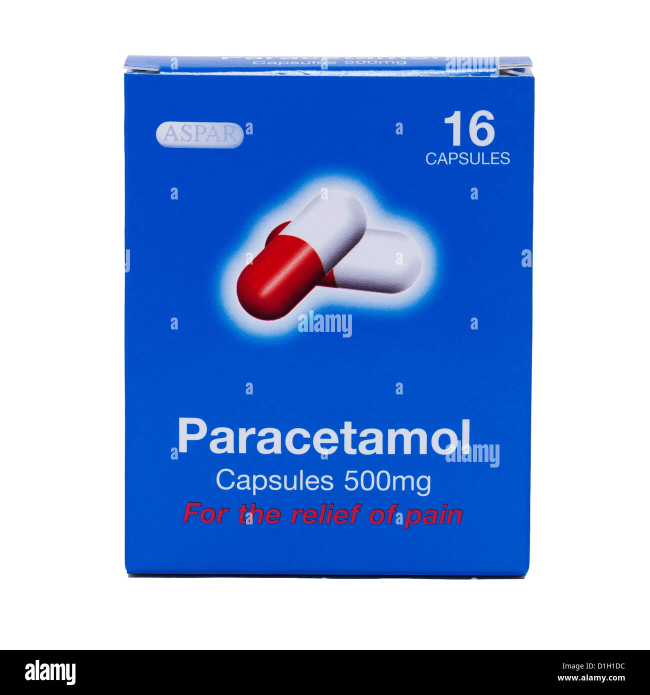 Un paquete de cápsulas de paracetamol para el alivio del dolor sobre un fondo blanco. Foto de stock