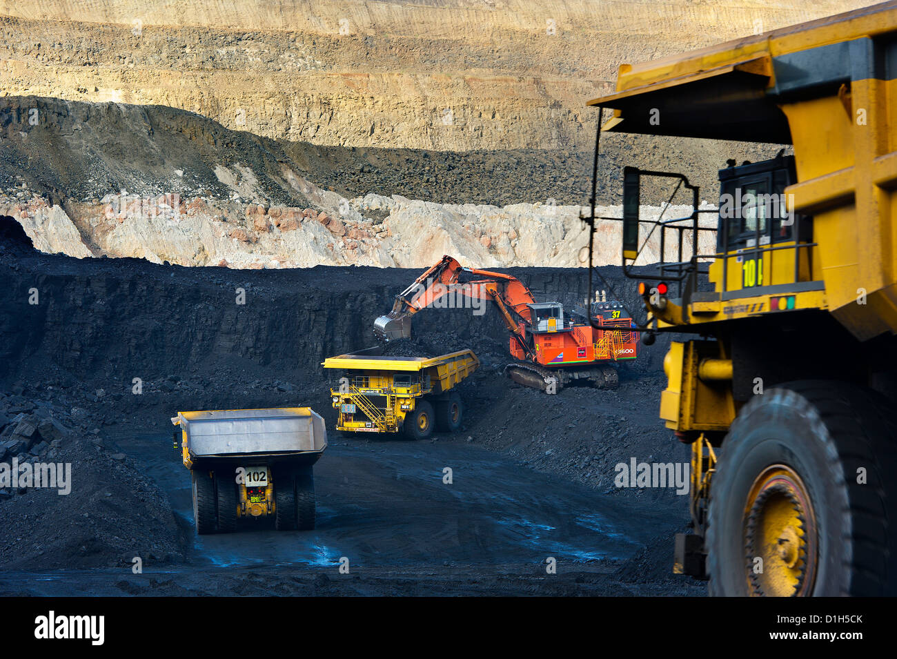 El carbón se carga en camión volquete, Bowen Basin, Queensland, Australia Foto de stock