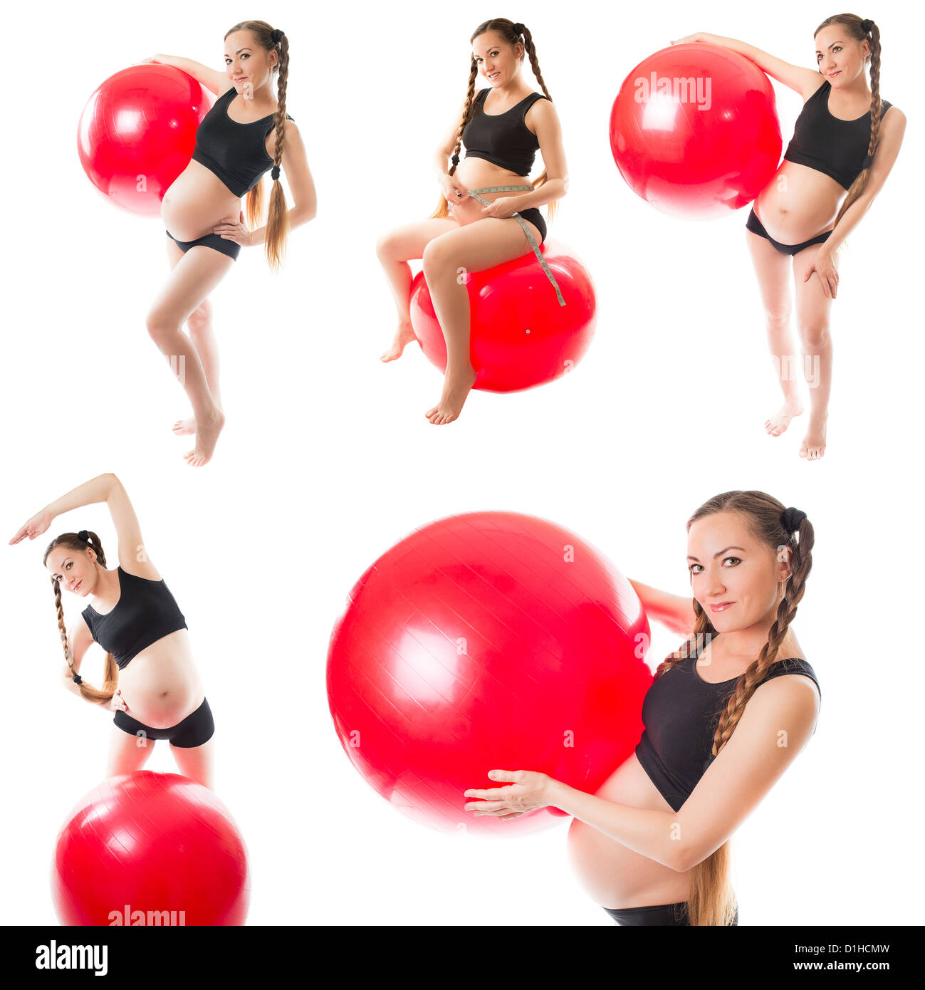 grupo de la misma mujer embarazada haciendo ejercicio con una pelota fondo  blanco Fotografía de stock - Alamy