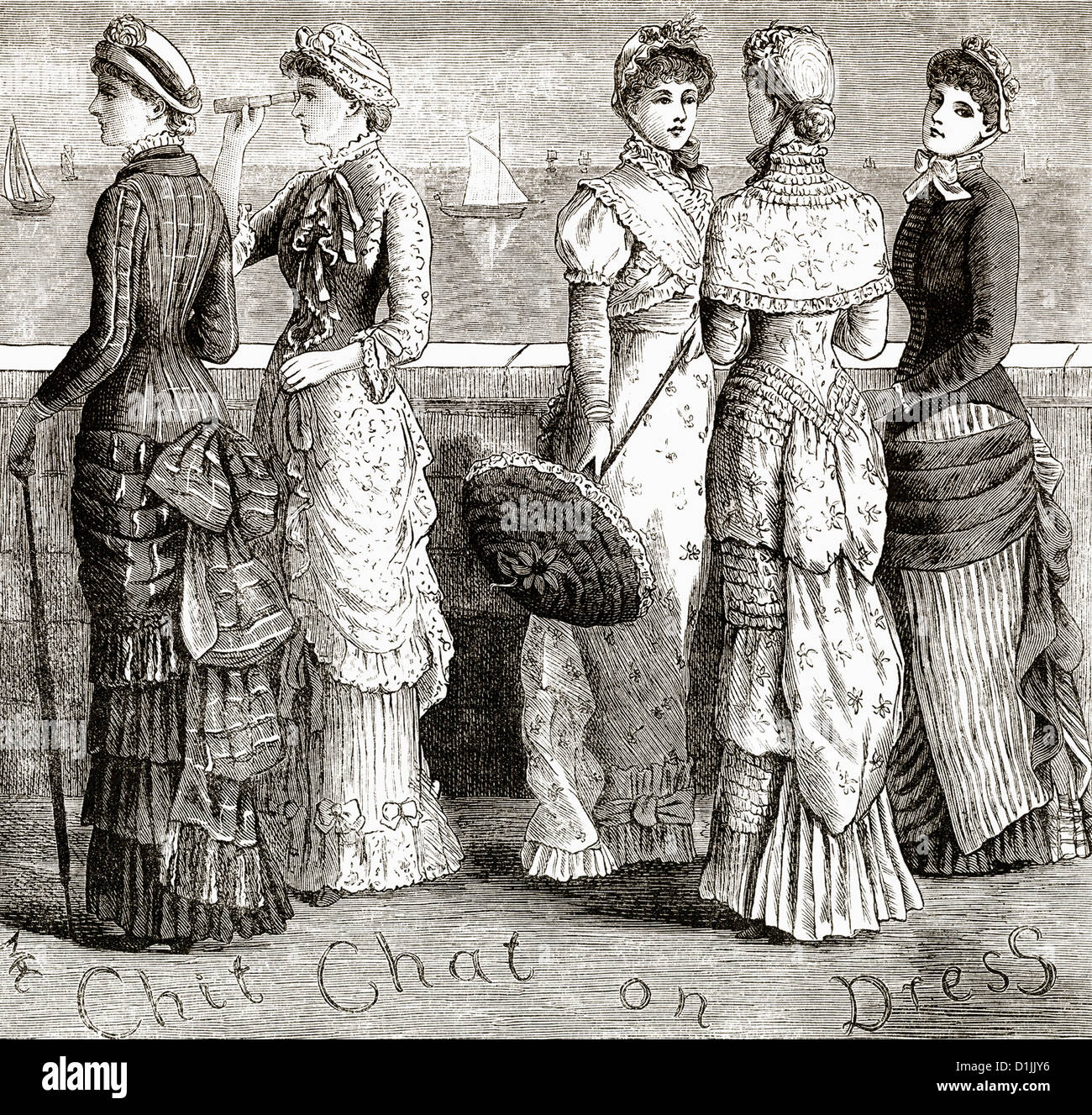 Dibujo histórico de Inglaterra, del siglo XIX, las mujeres de moda alrededor de 1881, Foto de stock
