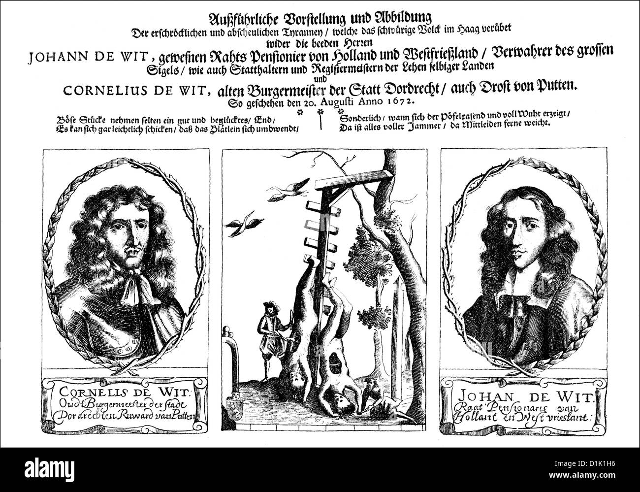 Folleto alemán de 1672, los cuerpos de los hermanos Johan de Witt y Cornelis, asesinado por los tiradores company en La Haya Foto de stock
