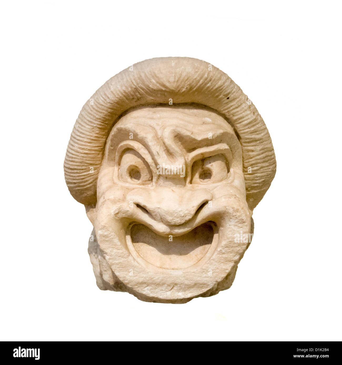 Recorte de un segundo siglo AEC marble Máscara teatral, gobernante (esclavo), Museo Arqueológico Nacional de Atenas, Grecia Foto de stock