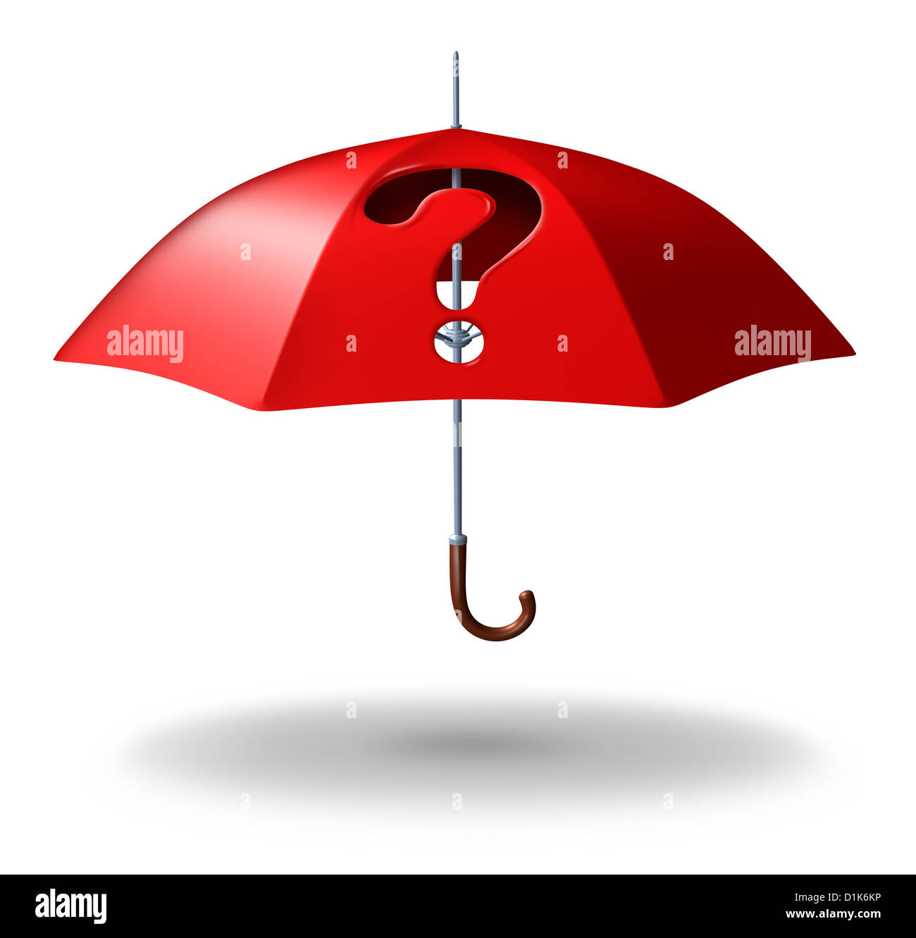 La incertidumbre y el riesgo de protección con una sombrilla roja con un  agujero a través de él en forma de un signo de interrogación como un  símbolo del estrés de la