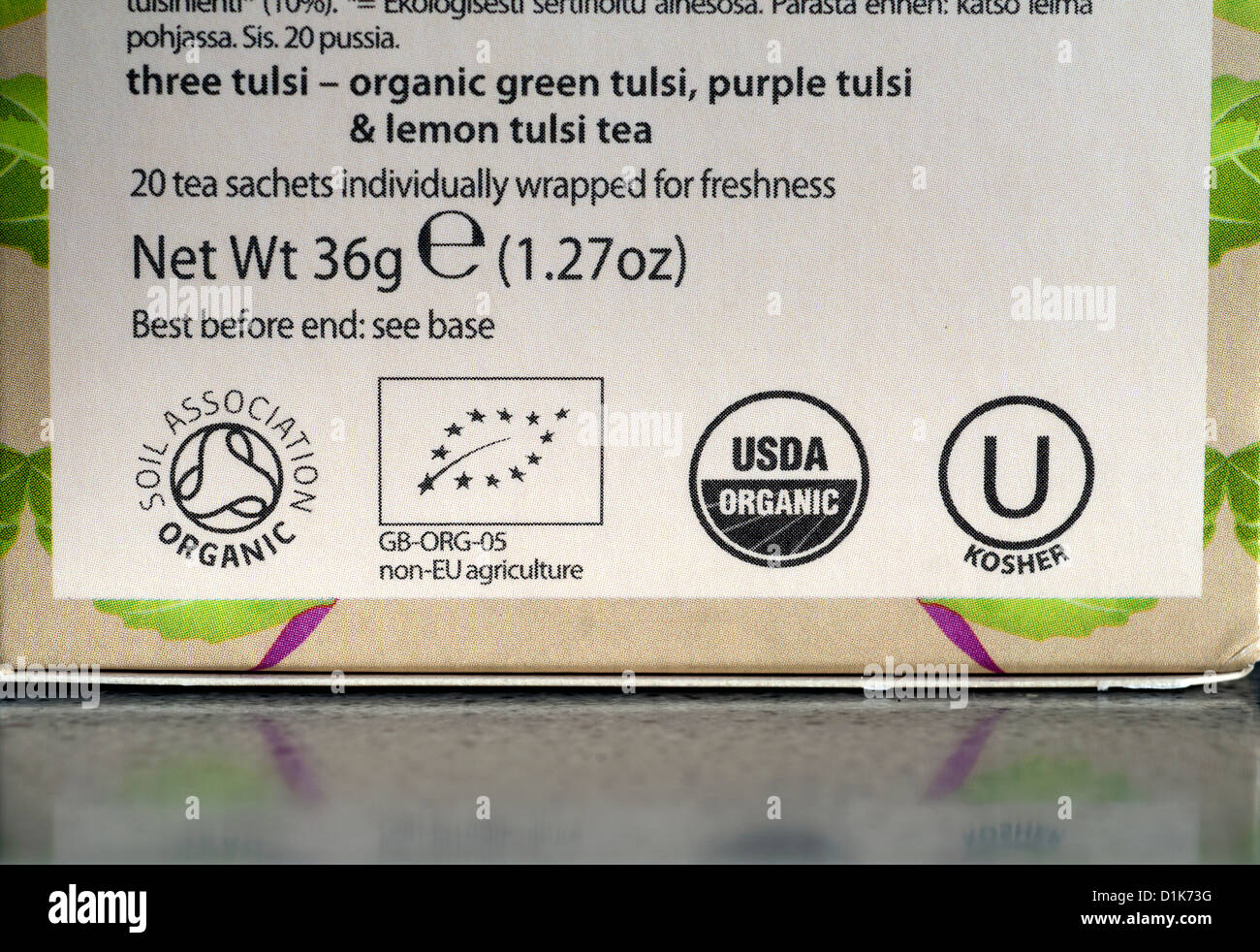 Información sobre productos de embalaje de té tulsi Foto de stock