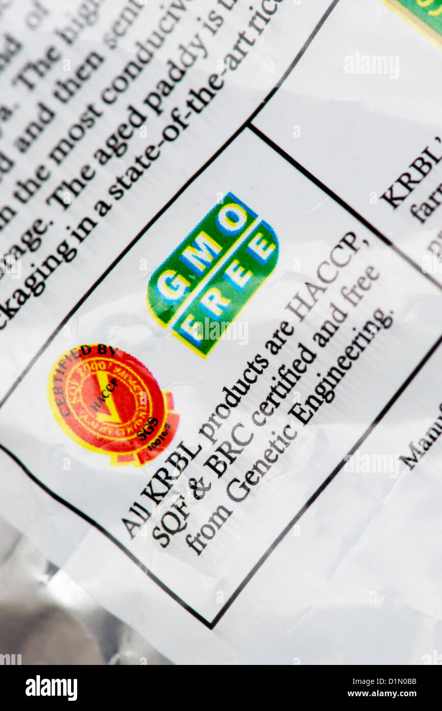Organismo modificado genéticamente indio paquete gratis las etiquetas de  los alimentos. Sin OGM Fotografía de stock - Alamy