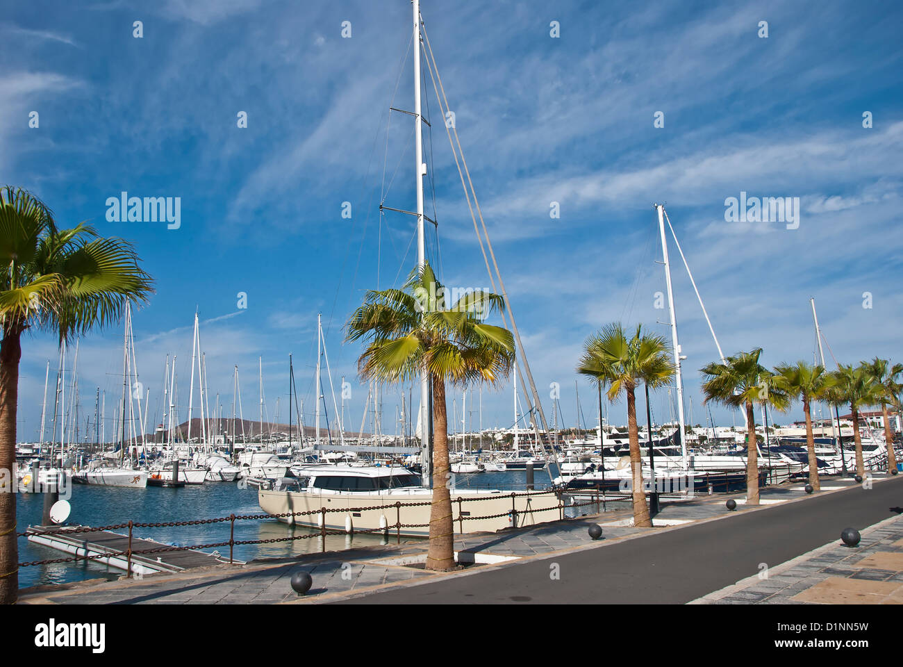Una avenida de palmeras y una marina de yates en Lanzarote Foto de stock