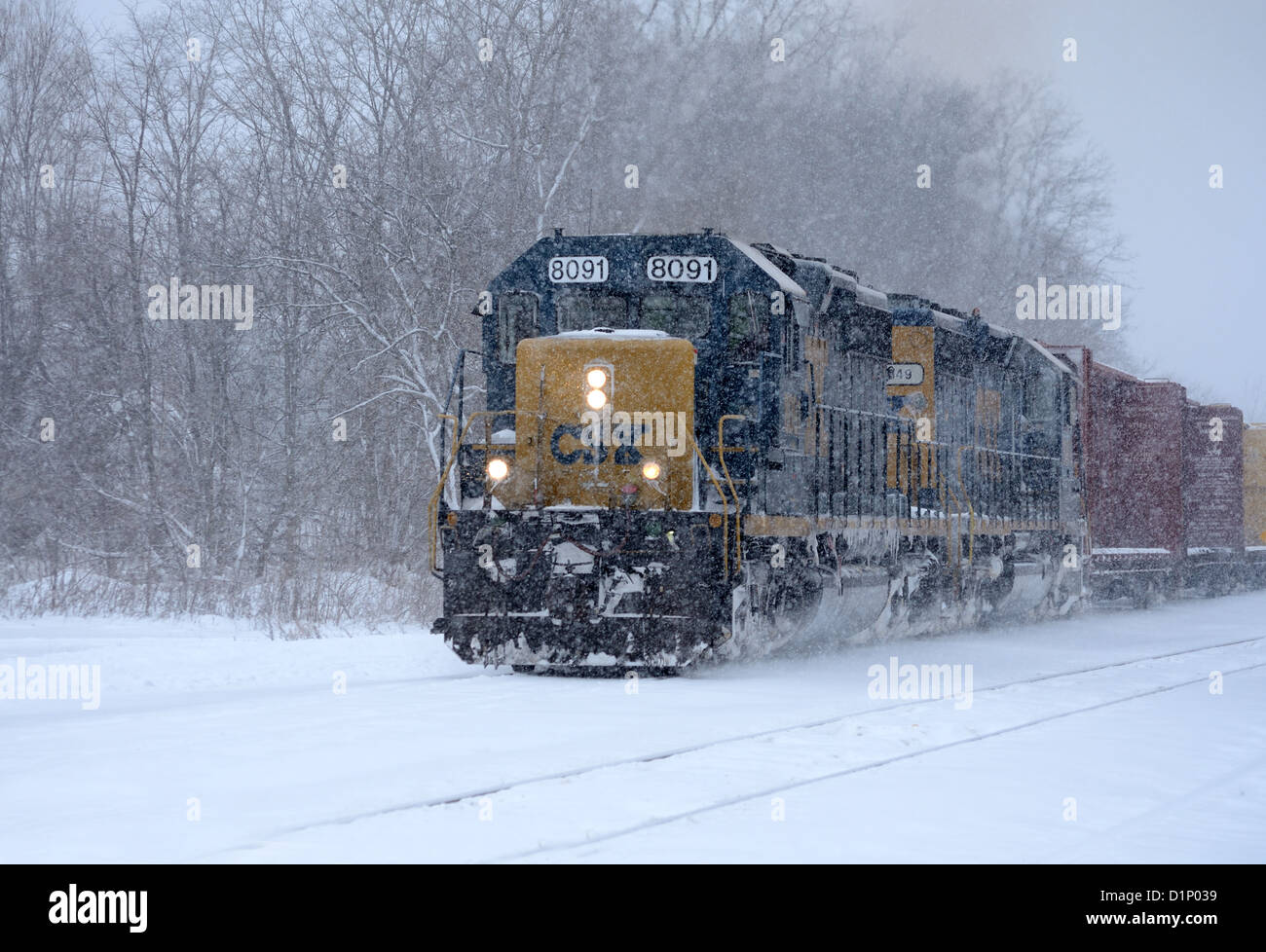 Tren de carga se mueve a través de la tormenta de nieve en Nueva York, EEUU. Foto de stock