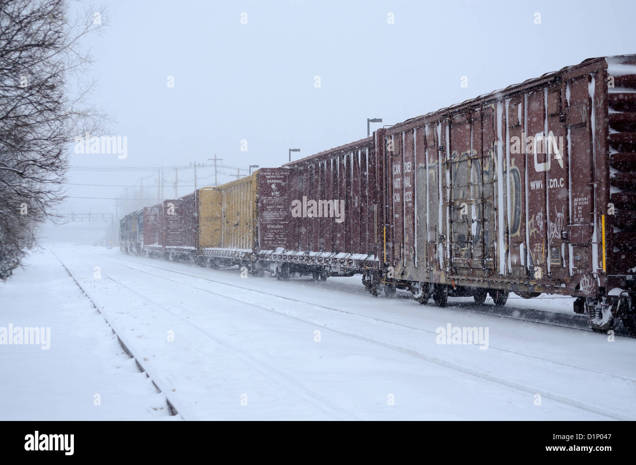 Tren de carga se mueve a través de la tormenta de nieve en Nueva York, EEUU. Foto de stock