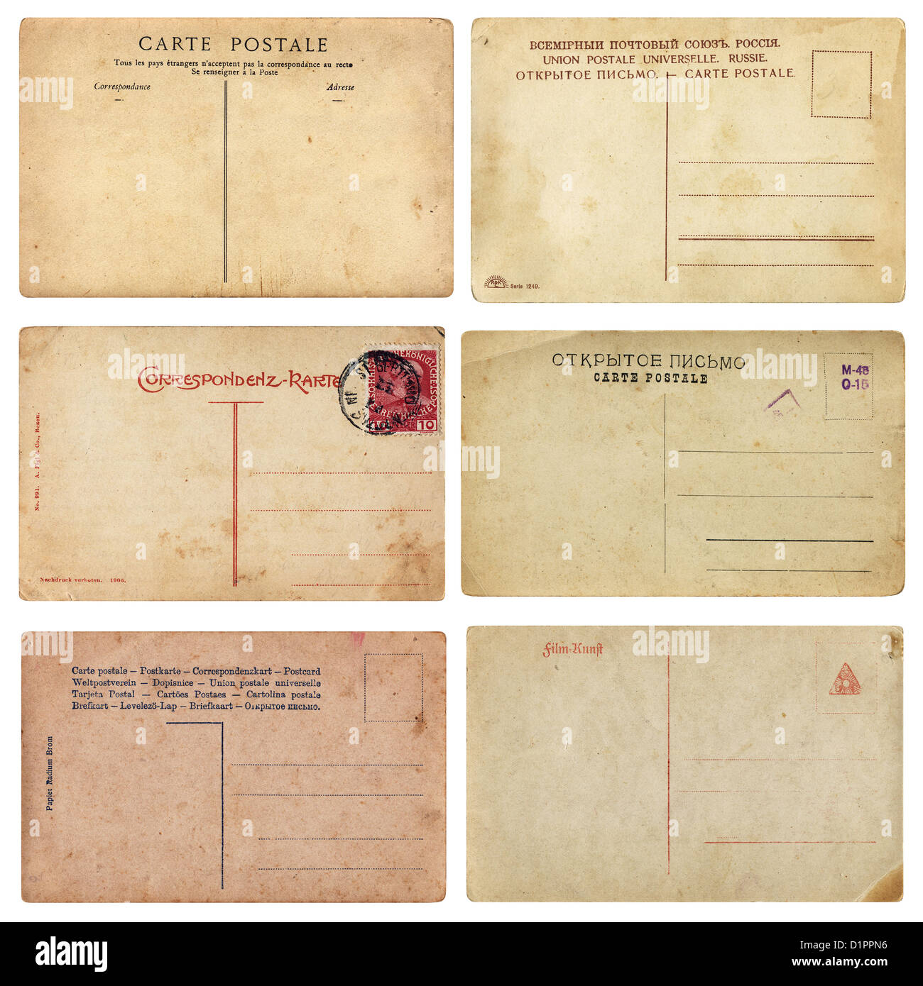 Conjunto de tarjetas postales vintage envejecido desde principios de 1900. Trata sobre fondo blanco, aislada con trazado de recorte. Foto de stock