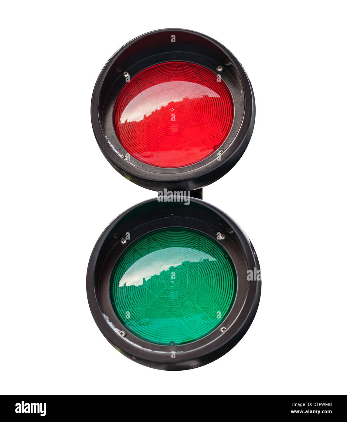 El rojo y el verde redondo pequeño semáforo aislado en blanco Foto de stock
