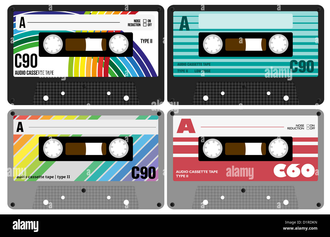 Ilustración - Colección de cassettes de audio Retro aislado sobre fondo blanco. Foto de stock