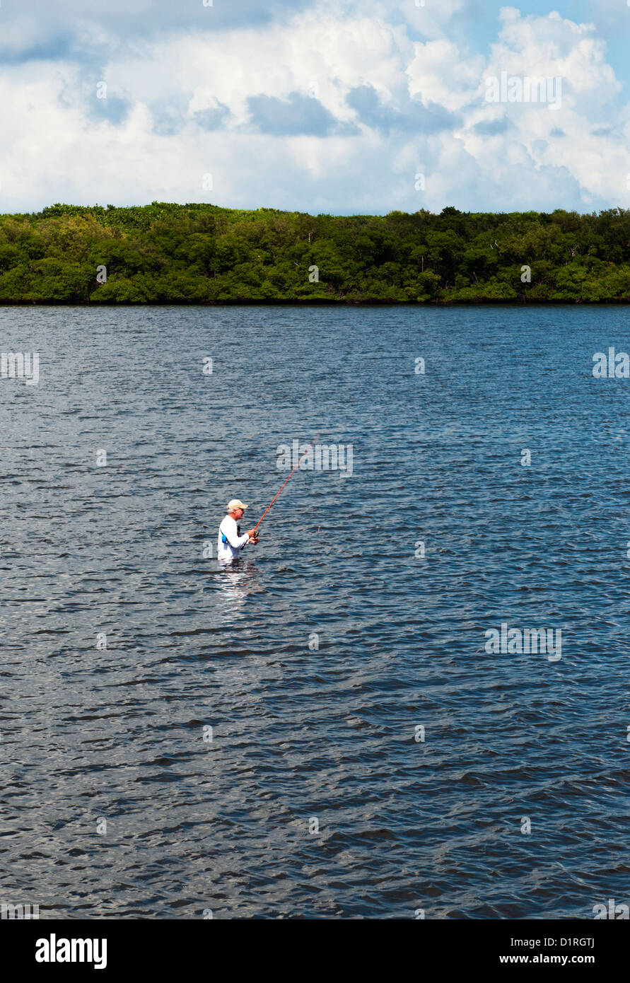 Un hombre vadeando y pesca en la Florida entre coastal waterway. Foto de stock