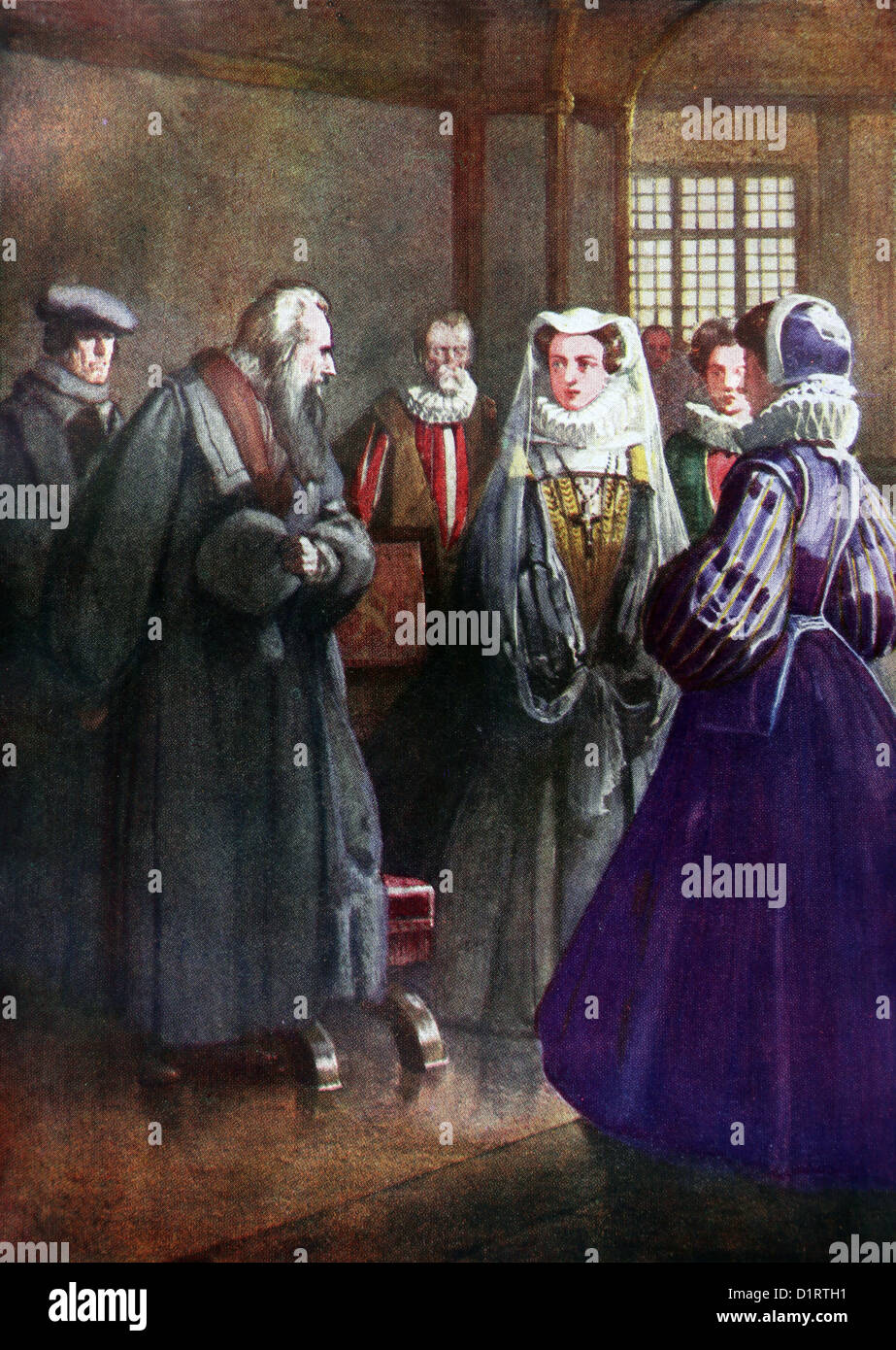 Ilustración de John Knox y María, Reina de los Escoceses en conversaciones sobre la Reina María ser católica Foto de stock
