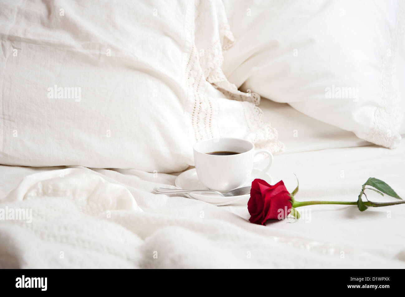 Una rosa y una taza de café sentado encima de la cama, entre sábanas Foto de stock