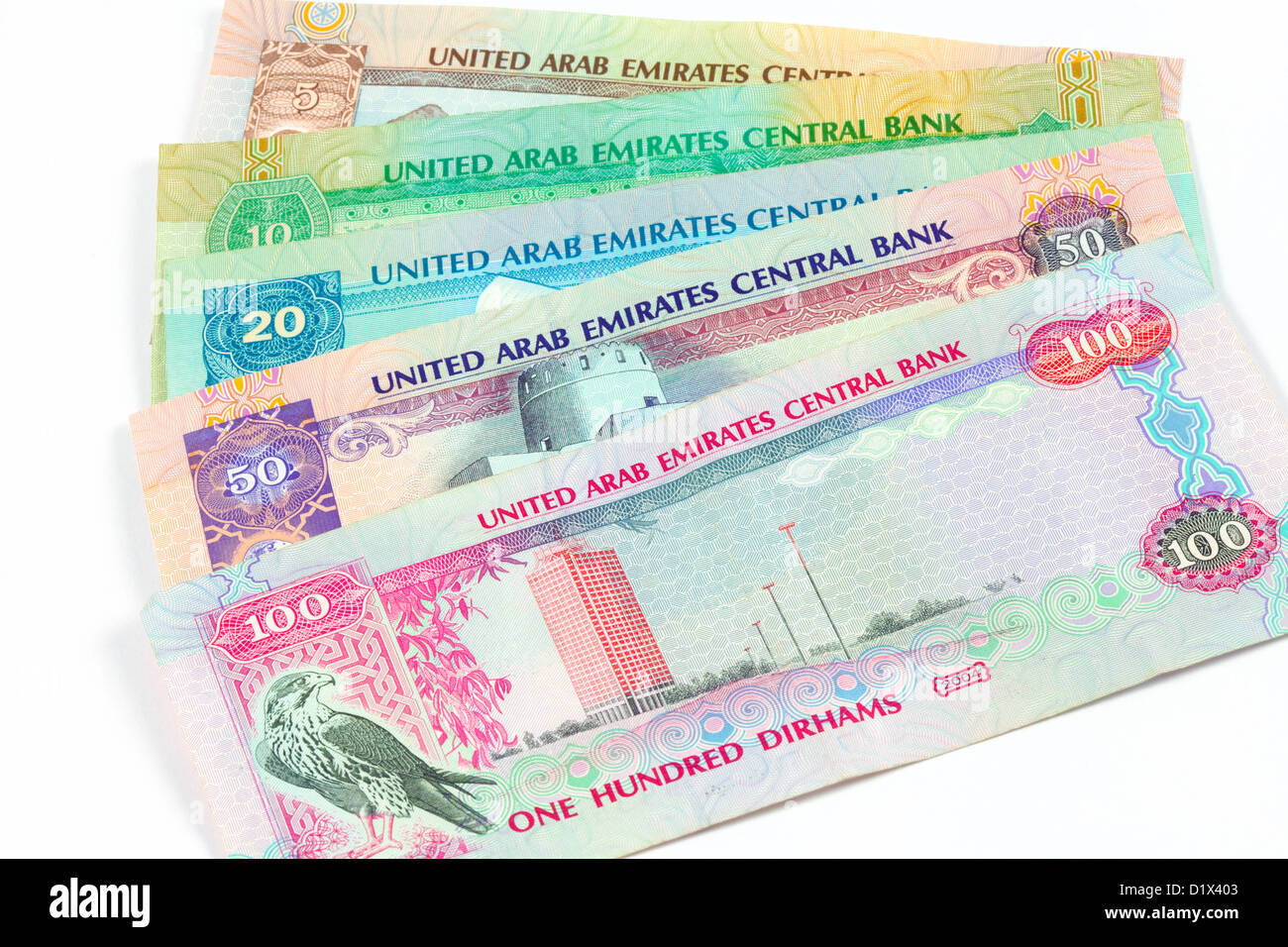 Los Emiratos Árabes Unidos, EAU, Dirhams, moneda notas Fotografía de