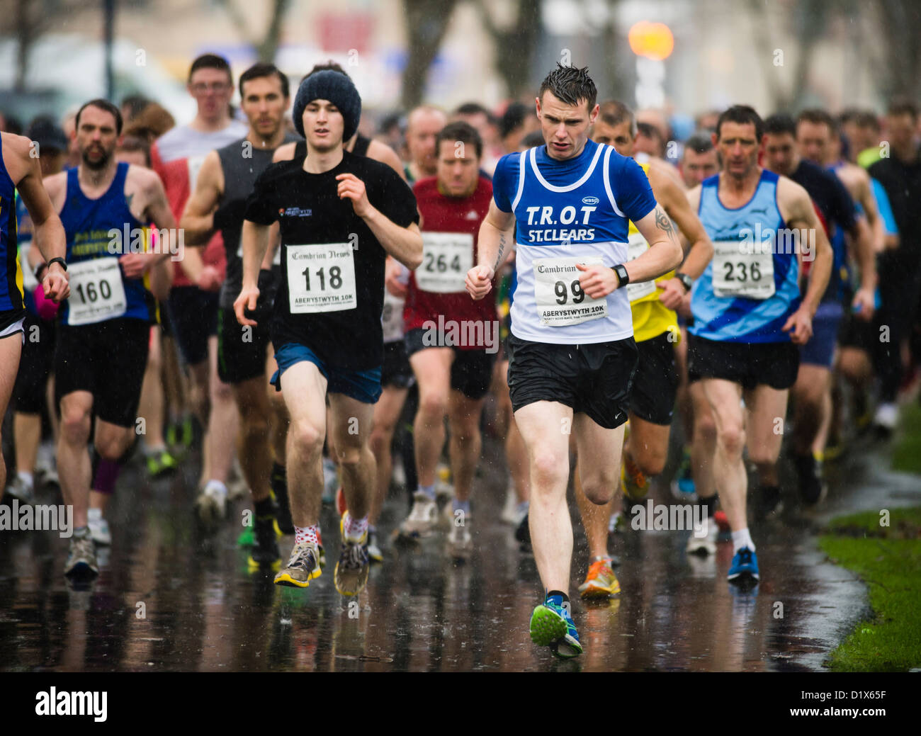 Los corredores aficionados compitiendo en una carrera de 10k en la lluvia, Gales Aberystwyth UK Foto de stock