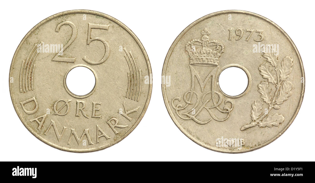 Antigua Moneda de Dinamarca 25 ás de 1973 Foto de stock