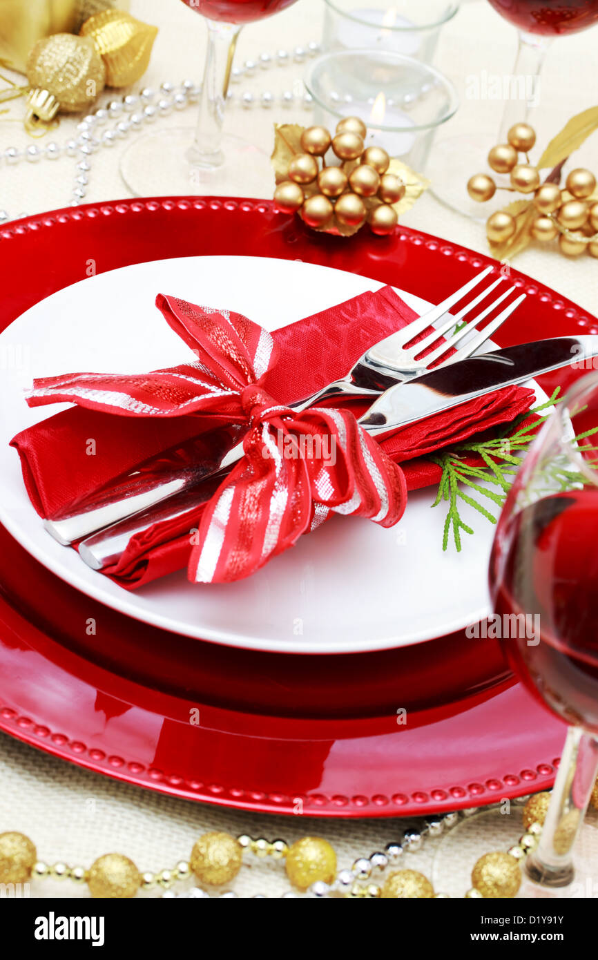 Ajuste de la tabla de cena de Navidad decorado Foto de stock