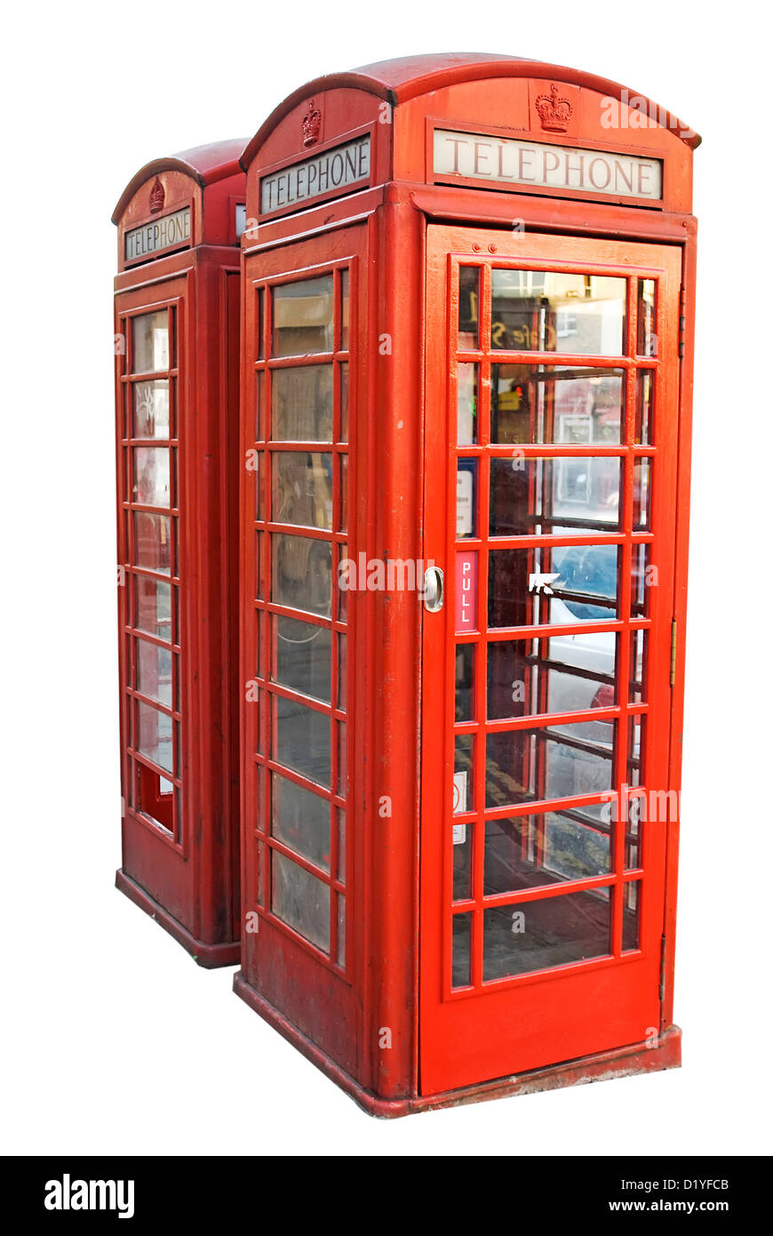 Londres aislada de cabinas telefónicas de color rojo sobre fondo blanco. Foto de stock