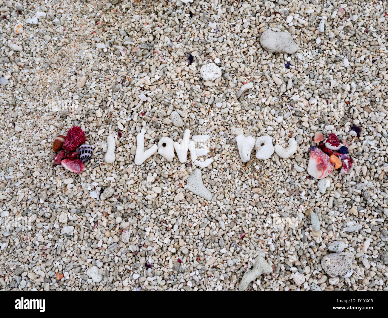 Te amo escrito en corales y conchas de mar en una playa de Australia Foto de stock