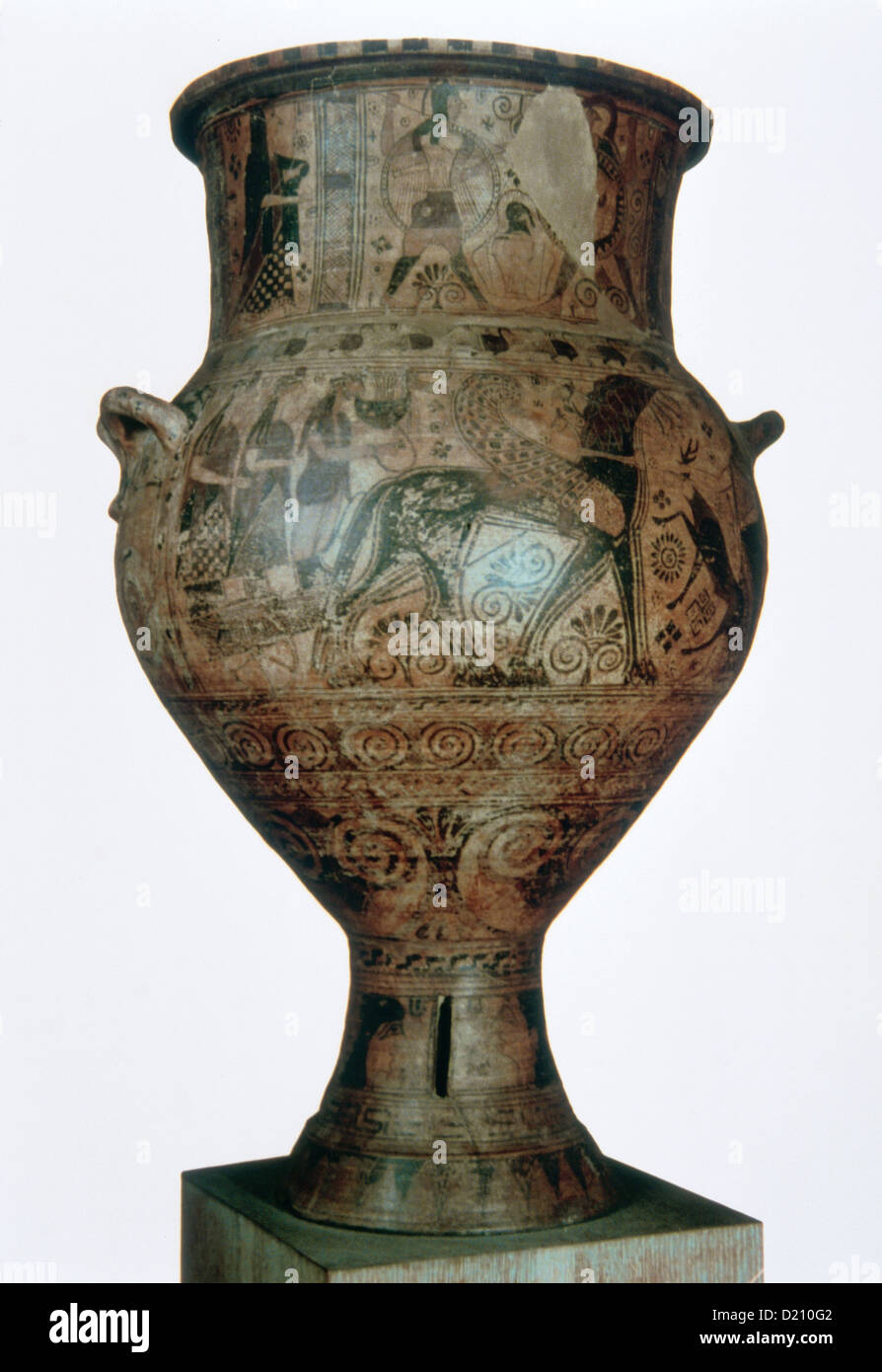 El arte griego. Arcaico. Ánfora de Melos. Datd entre 650-600 A.C. Apollo y musas en carro tirado por caballos alados. Foto de stock