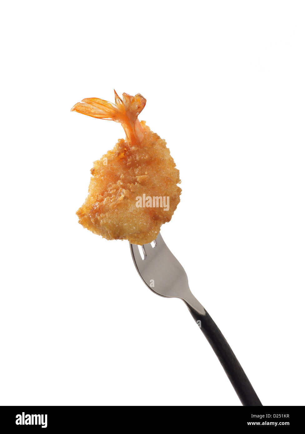 Uno de camarones fritos en una horquilla esbozadas sobre blanco Foto de stock