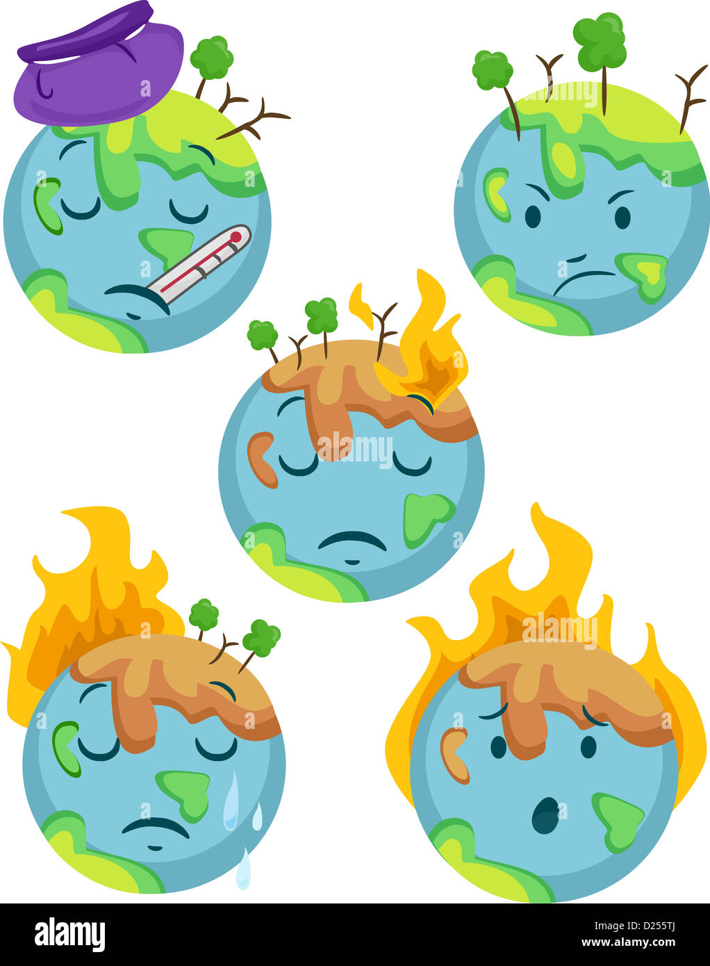 Ilustración del planeta enfermo iconos con diferentes expresiones negativas Foto de stock