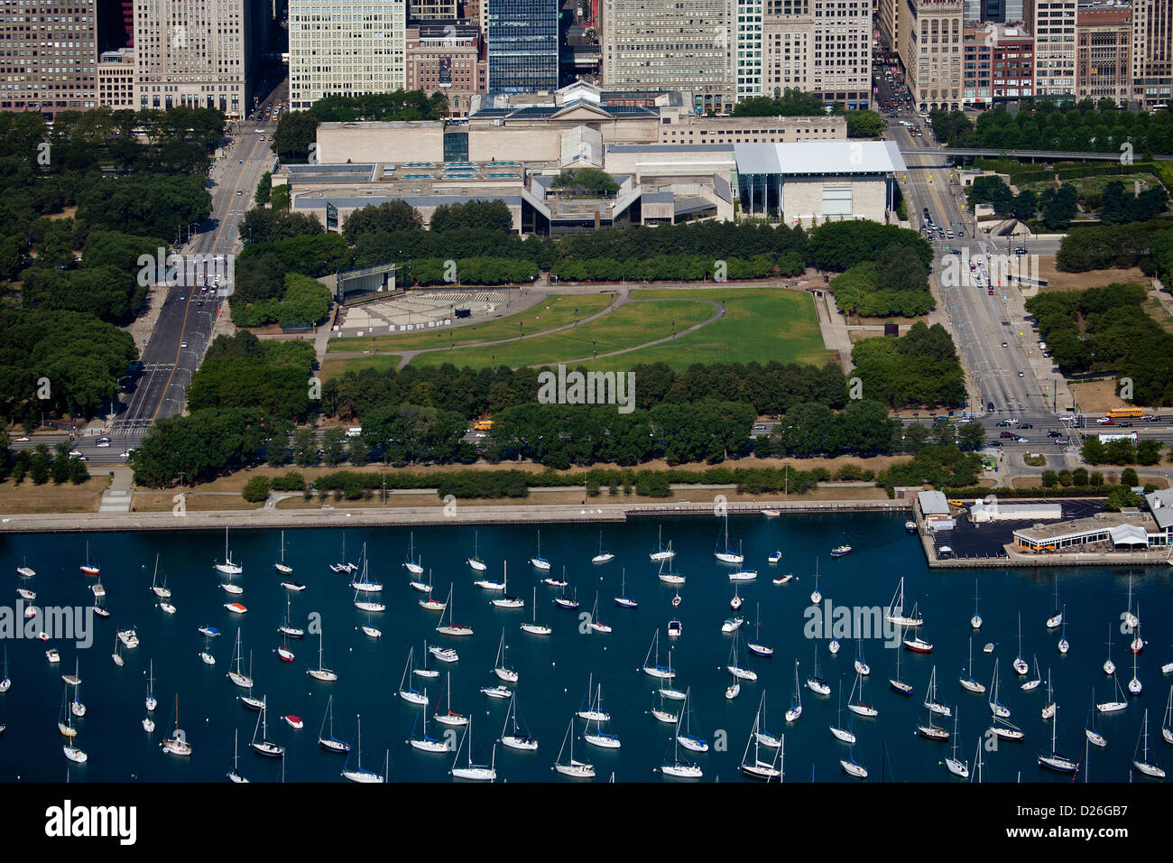 Fotografía aérea James C. Petrillo Music Shell, Art Institute, Grant Park, Chicago, Illinois Foto de stock