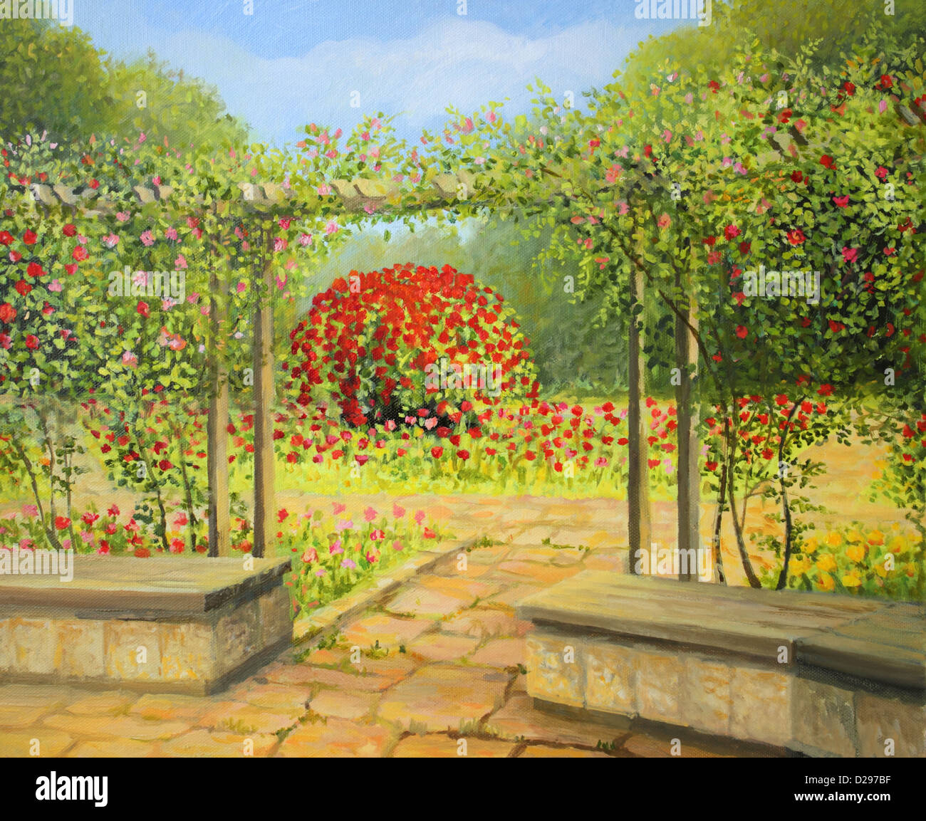 Un óleo sobre lienzo de un hermoso jardín de rosas en el parque, con