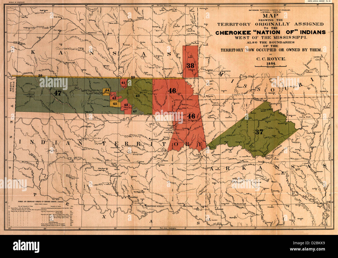 Mapa de los límites territoriales de la antigua "Cherokee Nation" de los indios ; Mapa mostrando el territorio asignado originalmente "Cherokee Nation" de los indios, circa 1884 Foto de stock