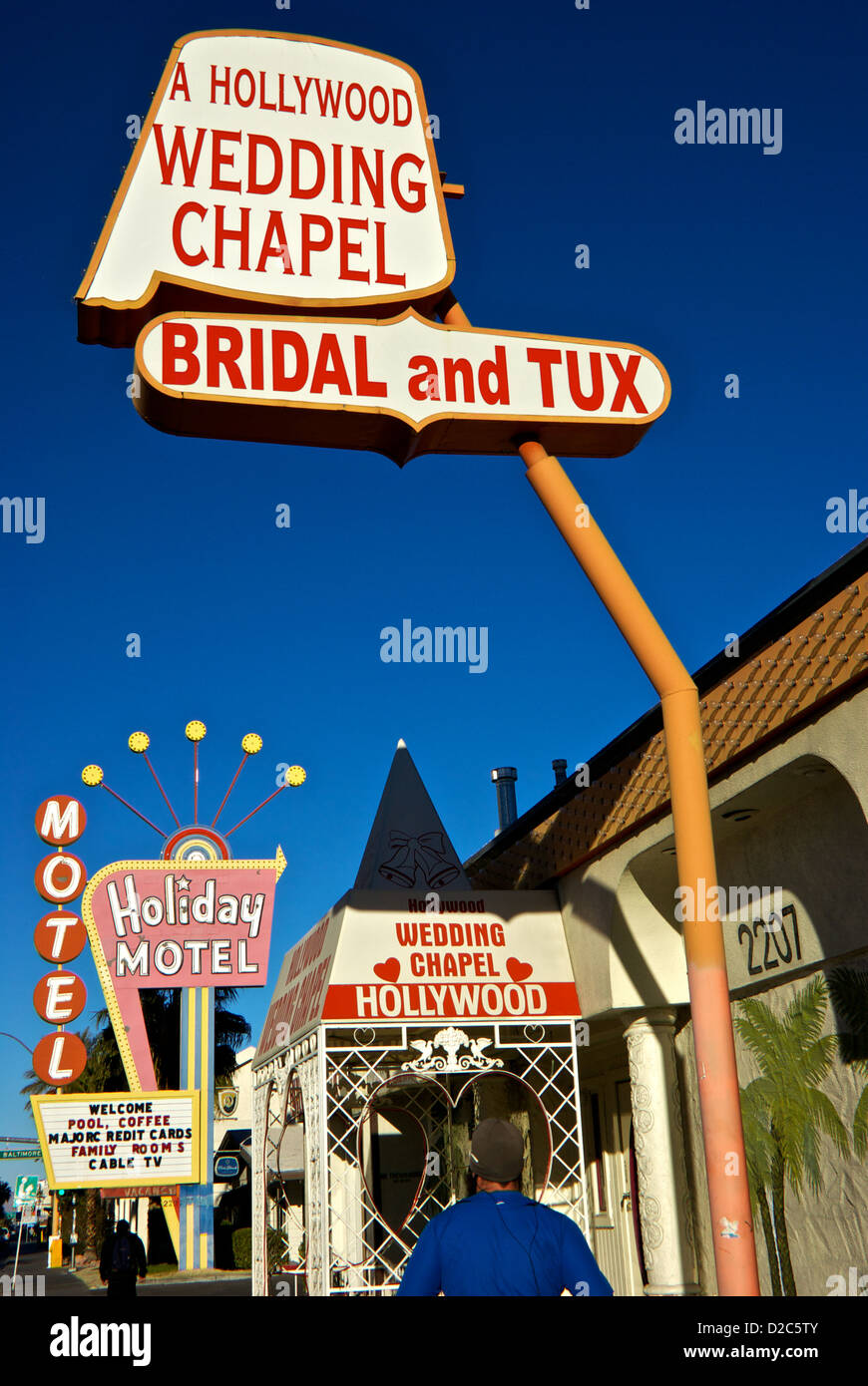 Cutre vieja sección del Boulevard Las Vegas Strip Holiday Motel Hollywood Wedding Chapel Foto de stock