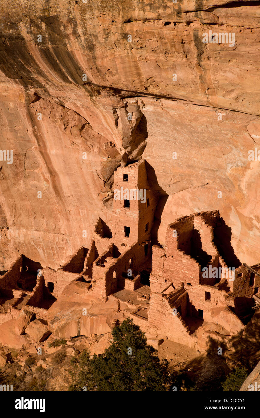 Casa torre cuadrada, Cliff morada de pre-colombinas indios anasazi y sitio del Patrimonio Mundial de la UNESCO, el Parque Nacional Mesa Verde EE.UU. Foto de stock