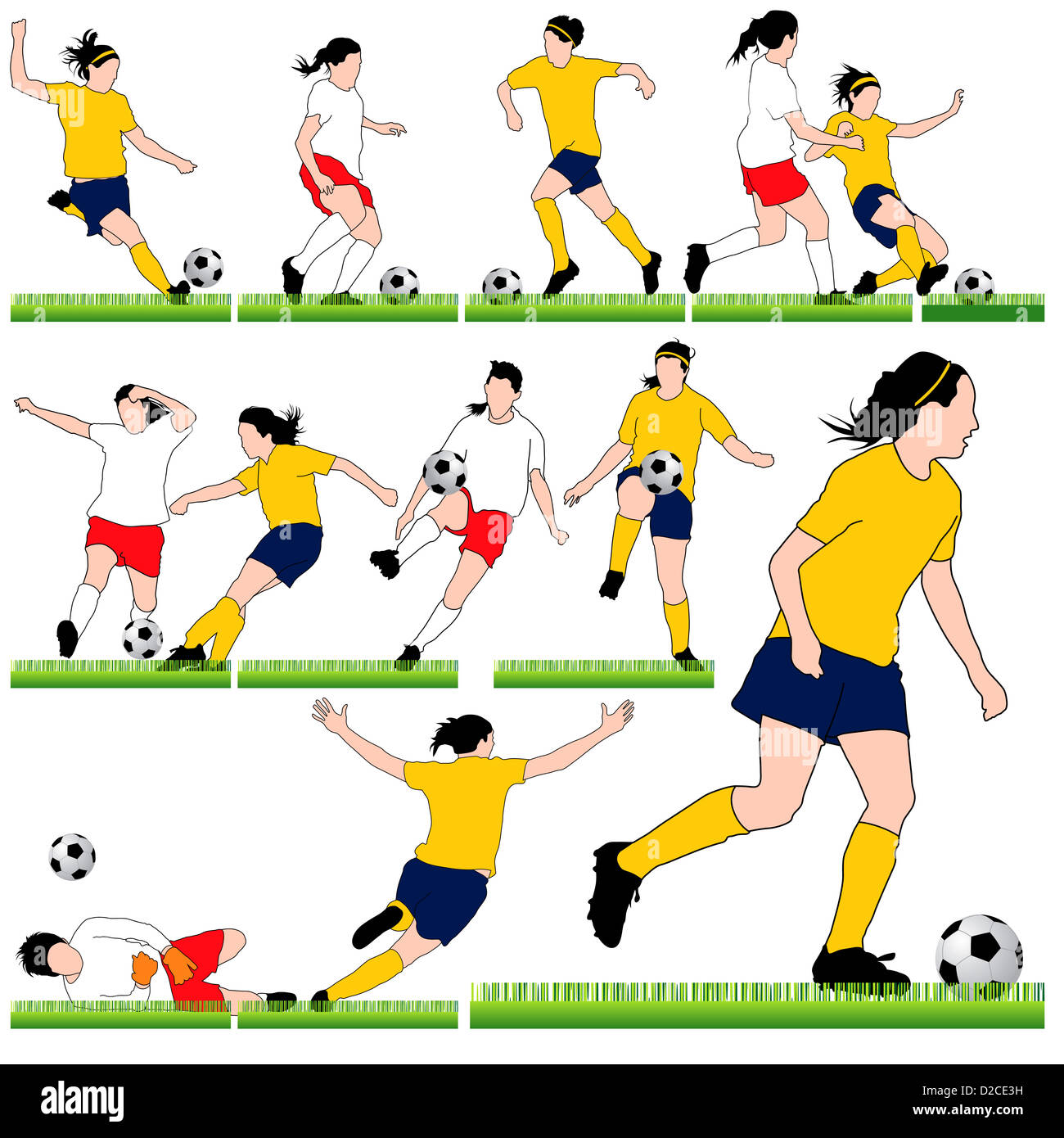 12 Conjunto de siluetas de fútbol femenino Foto de stock