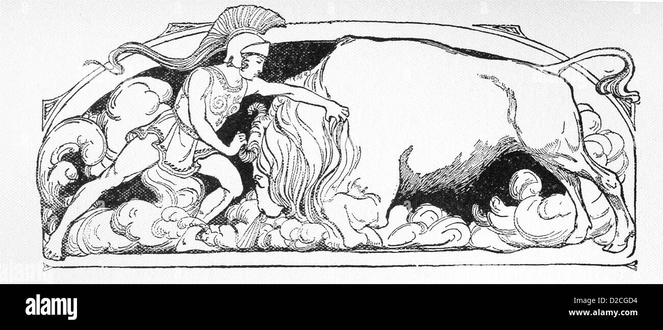 En la mitología griega, el héroe griego Jason buscó el Vellocino de Oro en Colchis y había en la horquilla de un toro. Foto de stock