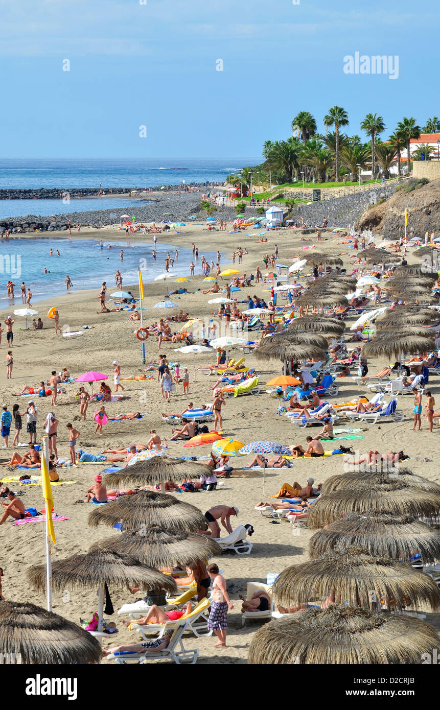 La playa en el complejo de Bahía Del Duque en la Costa Adeje, Tenerife, Islas Canarias Foto de stock