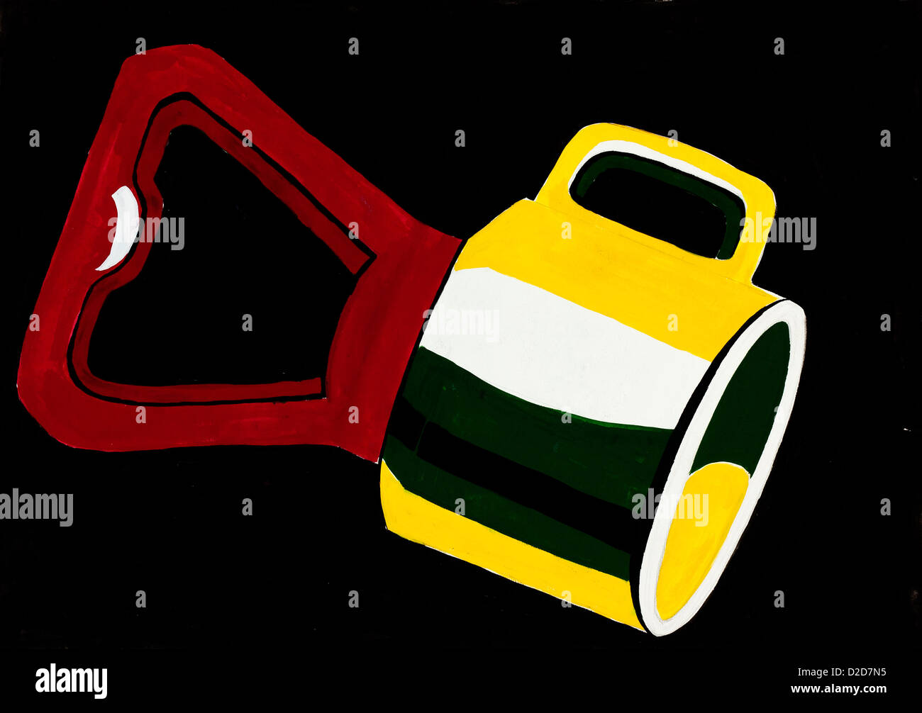 Resumen original acuarela dibujada a mano y la pintura o dibujo de un abridor de botellas y un vaso o taza sobre fondo negro Foto de stock