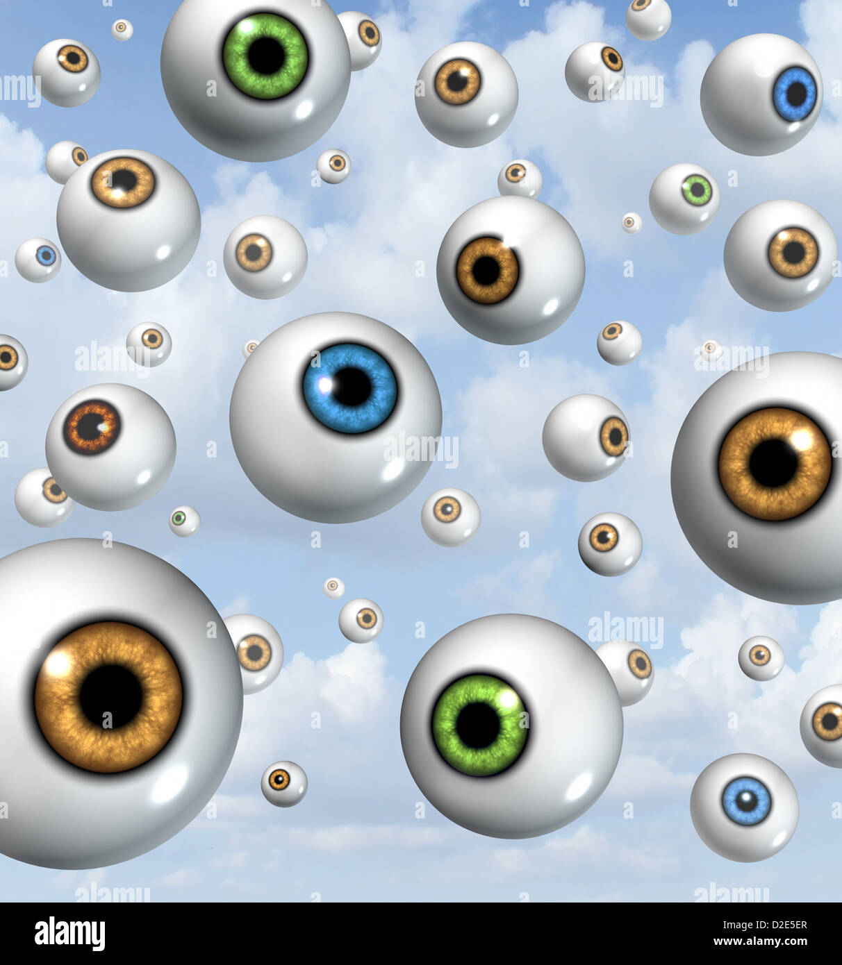 Visión La visión y concepto de fondo con ojos flotando en el cielo como símbolos de la salud ocular de cerca y de lejos la retina visión previsora y lente de diagnóstico desde un optometrista para oftalmología. Foto de stock