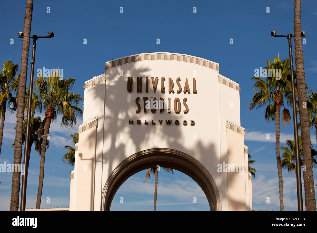 Puerta de entrada a los Estudios Universal de Hollywood, Universal City, Los Angeles, California, Estados Unidos de América, EE.UU. Foto de stock