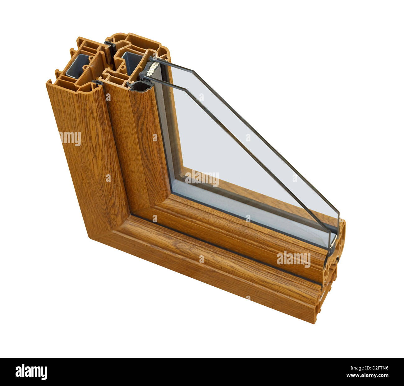 Una sección transversal de doble acristalamiento efecto de madera cortada para mostrar el perfil interior y la calidad de la construcción Foto de stock