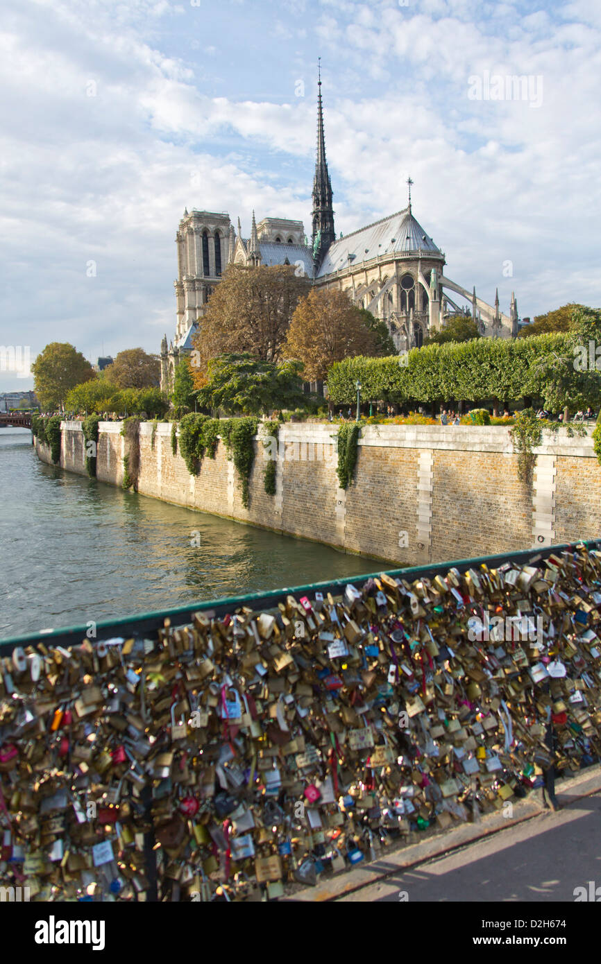 Catedral de Notre Dame, el Sena visto desde el puente de cadenas con candados, París Francia 122562 Notre Dame Foto de stock