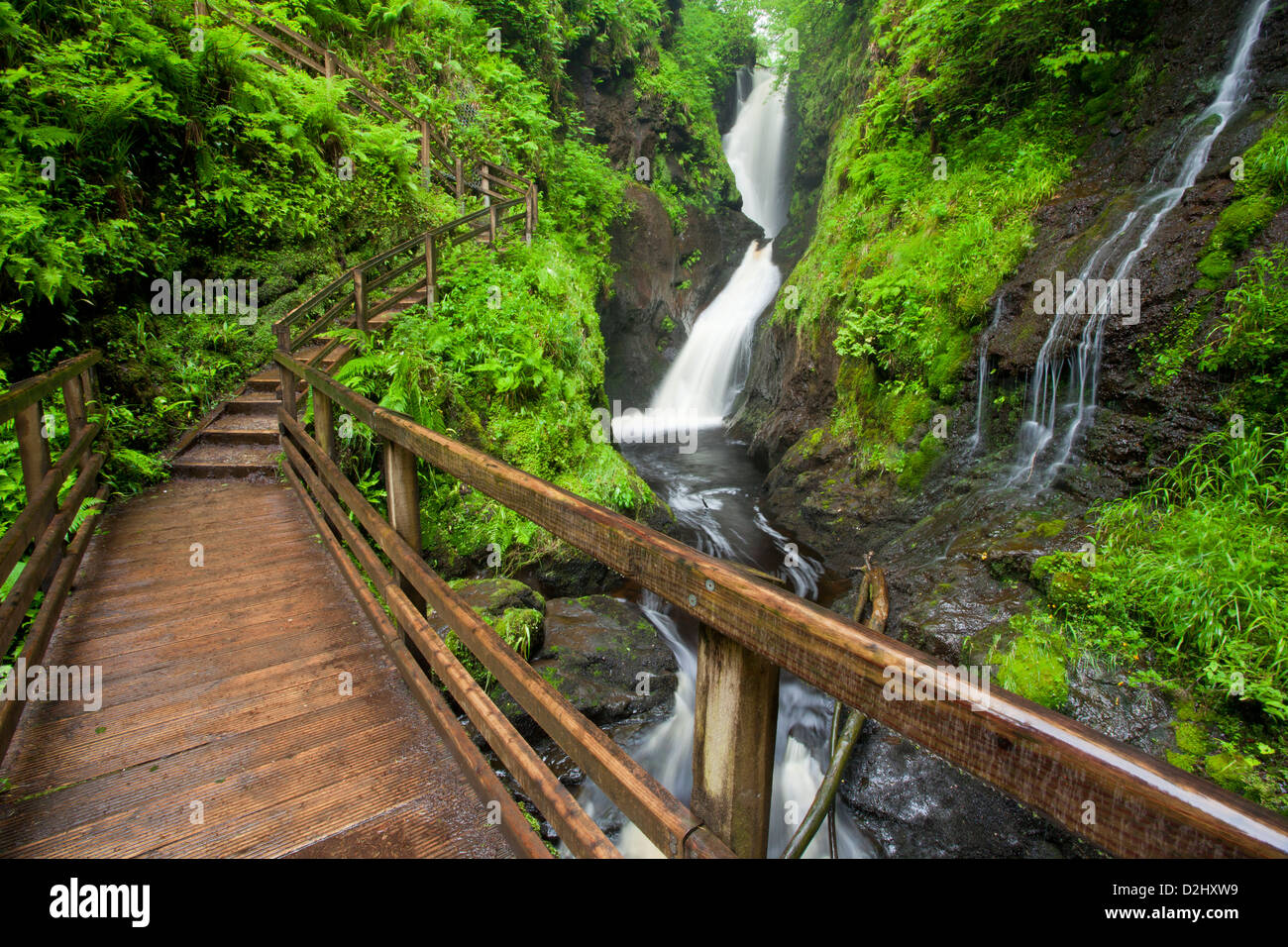 Pasarela debajo de ESS-na-Larach cascada, Glenariff Forest Park, Condado de Antrim, Irlanda del Norte. Foto de stock