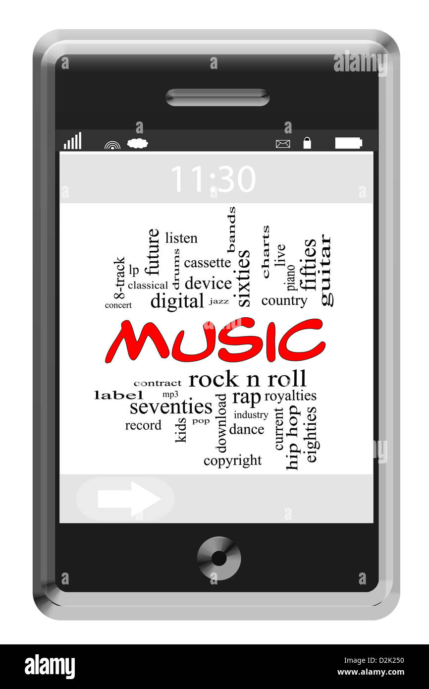 Música palabra nube Concepto de teléfono táctil con gran términos como rock  n roll, rap, pop, descargar y mucho más Fotografía de stock - Alamy